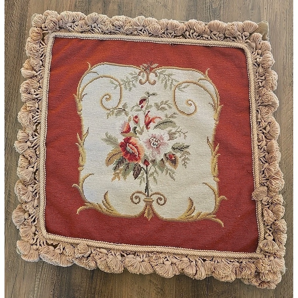VTG Wool Needlepoint Throw Pillow Cover Handmade/Crafted Pink Rose Bouquet 20X20